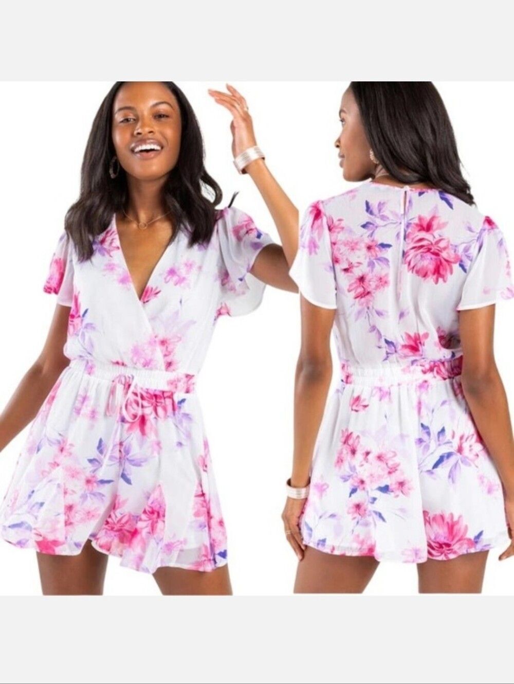 Trixxi Floral Pink Purple Off White Sheer Sleeves Romper - Size Small